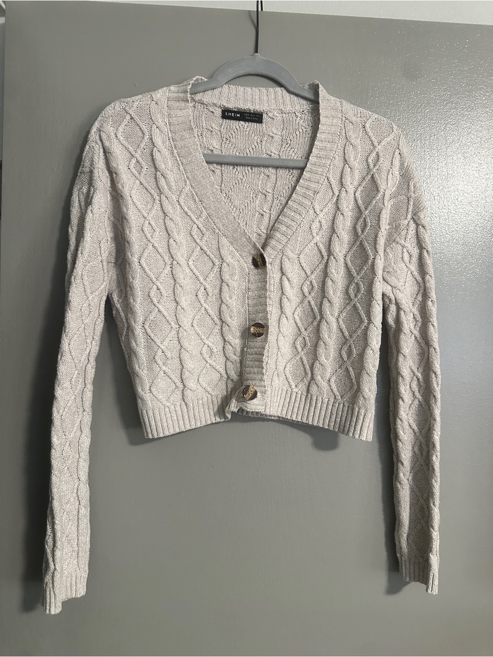 SHEIN Cream Cropped Cable Knit V-Neck Cardigan